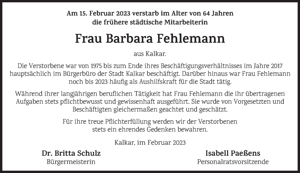  Traueranzeige für Barbara Fehlemann vom 25.02.2023 aus 