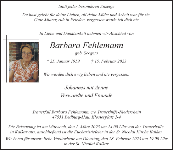Traueranzeige von Barbara Fehlemann 