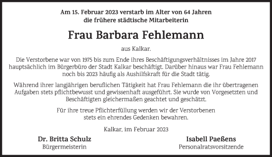 Traueranzeige von Barbara Fehlemann 