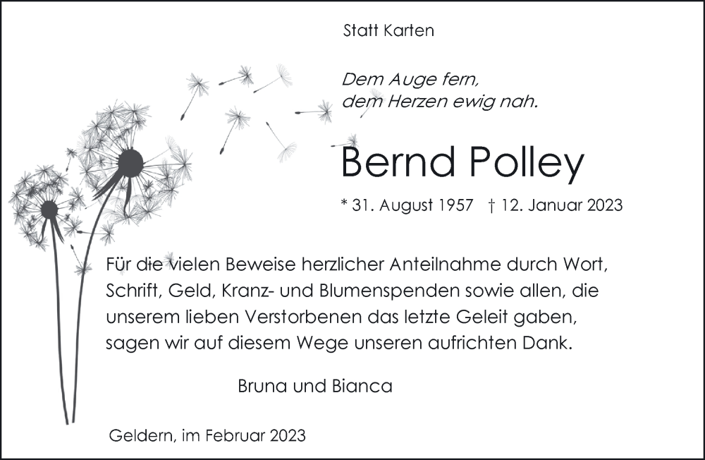  Traueranzeige für Bernd Polley vom 11.02.2023 aus 