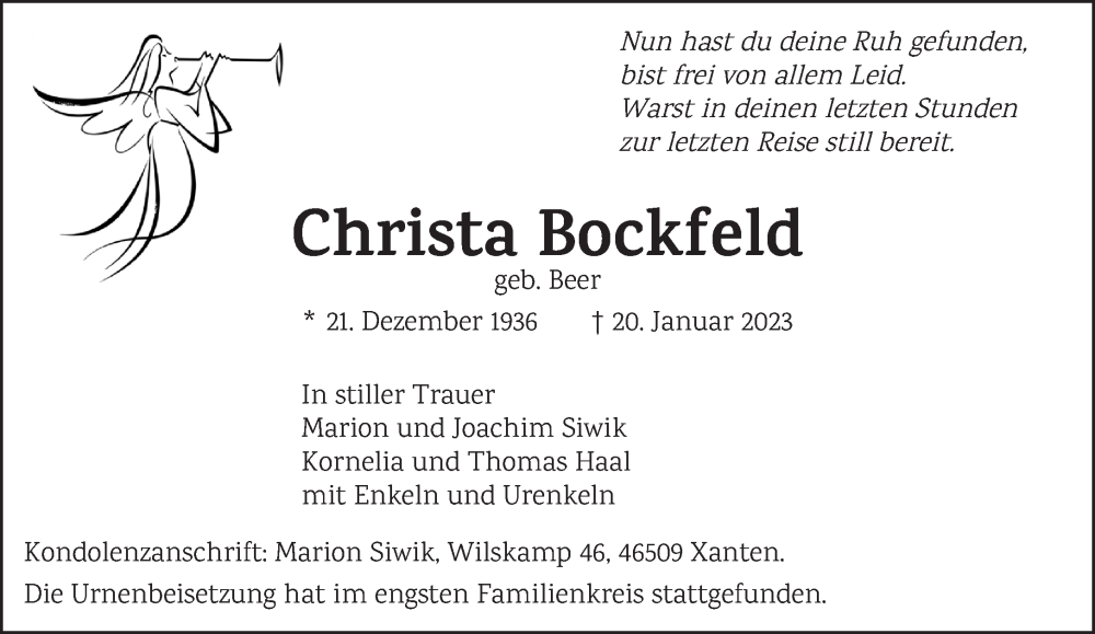  Traueranzeige für Christa Bockfeld vom 04.02.2023 aus 