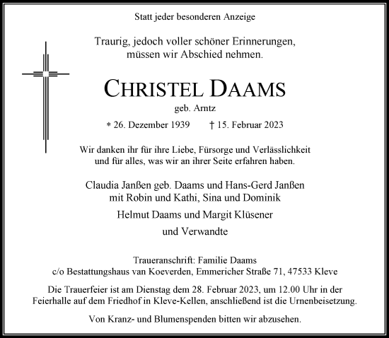 Traueranzeige von Christel Daams 
