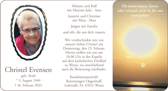 Traueranzeige von Christel Evensen 