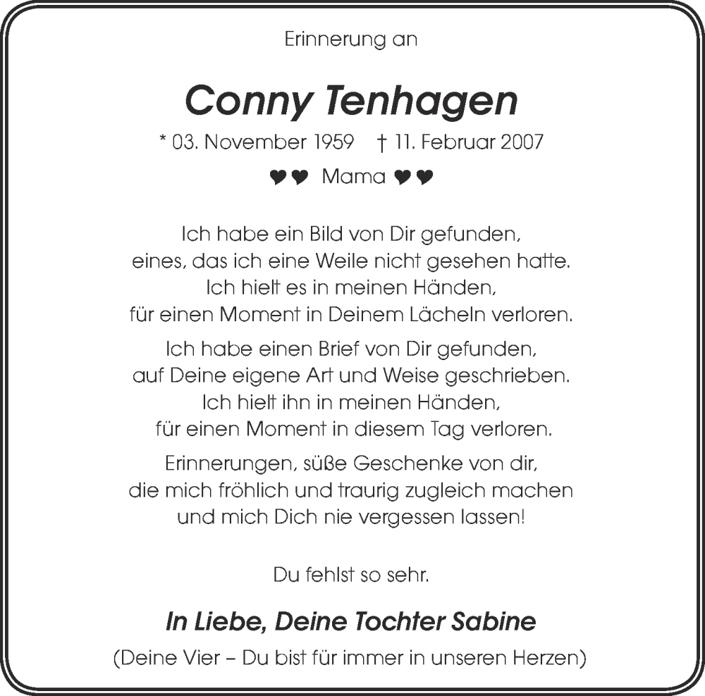  Traueranzeige für Conny Tenhagen vom 11.02.2023 aus 