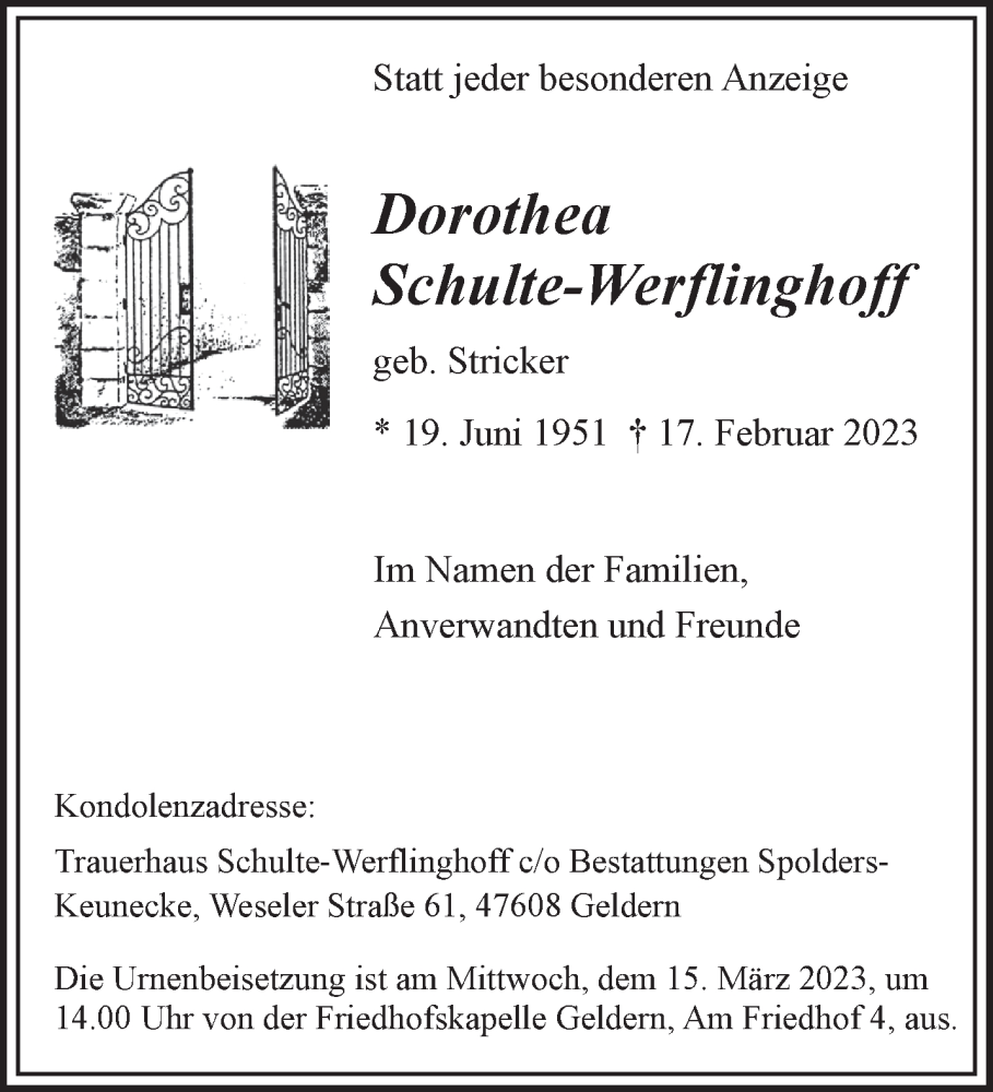  Traueranzeige für Dorothea Schulte-Werflinghoff vom 25.02.2023 aus 