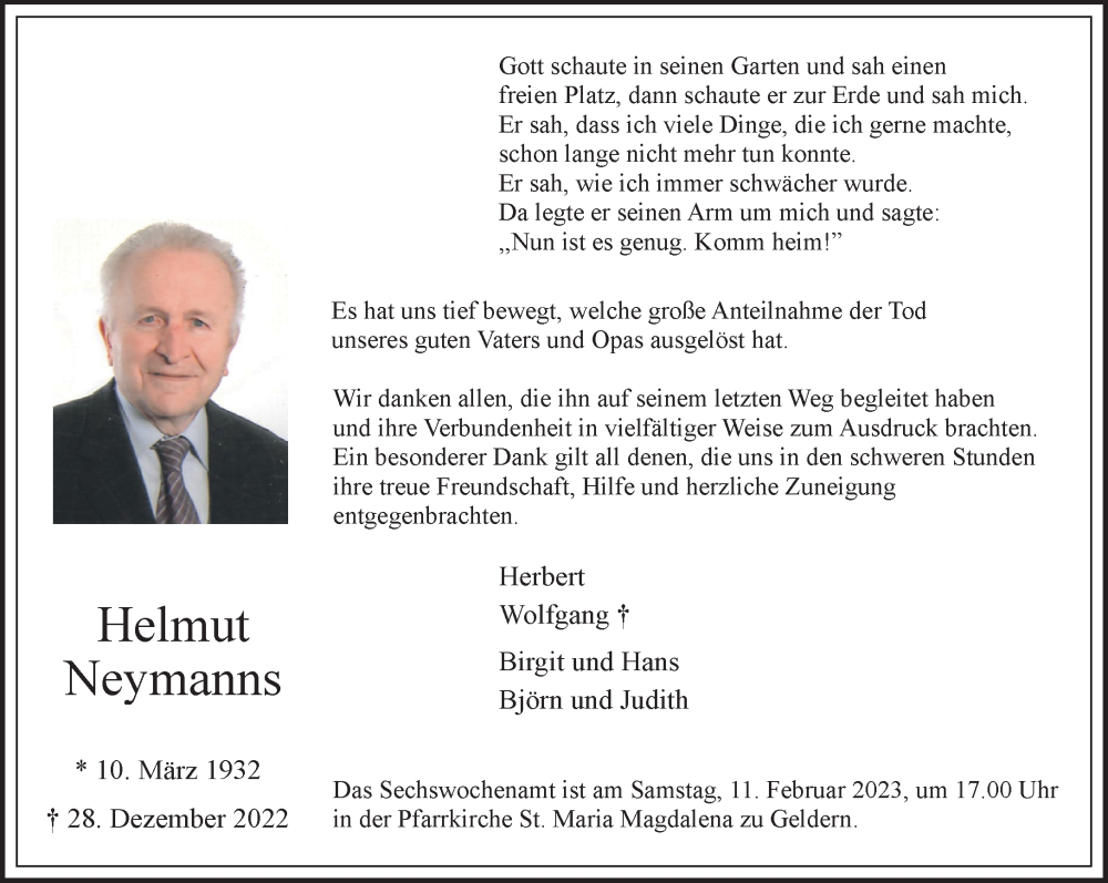 Traueranzeige für Helmut Neymanns vom 04.02.2023 aus 