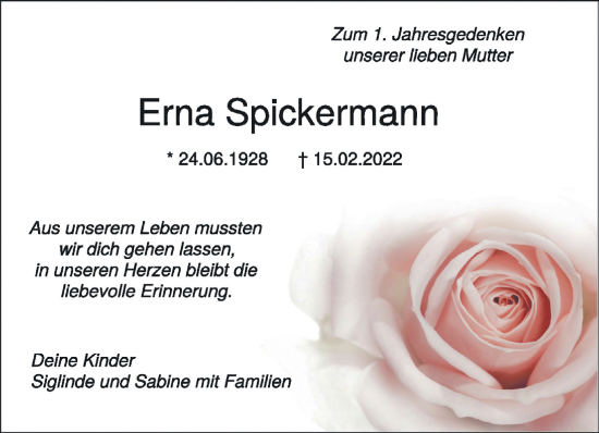 Traueranzeige von Erna Spickermann 