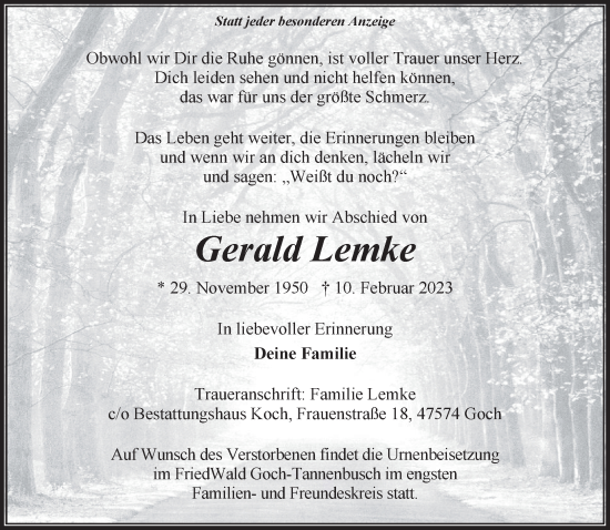 Traueranzeige von Gerald Lemke 