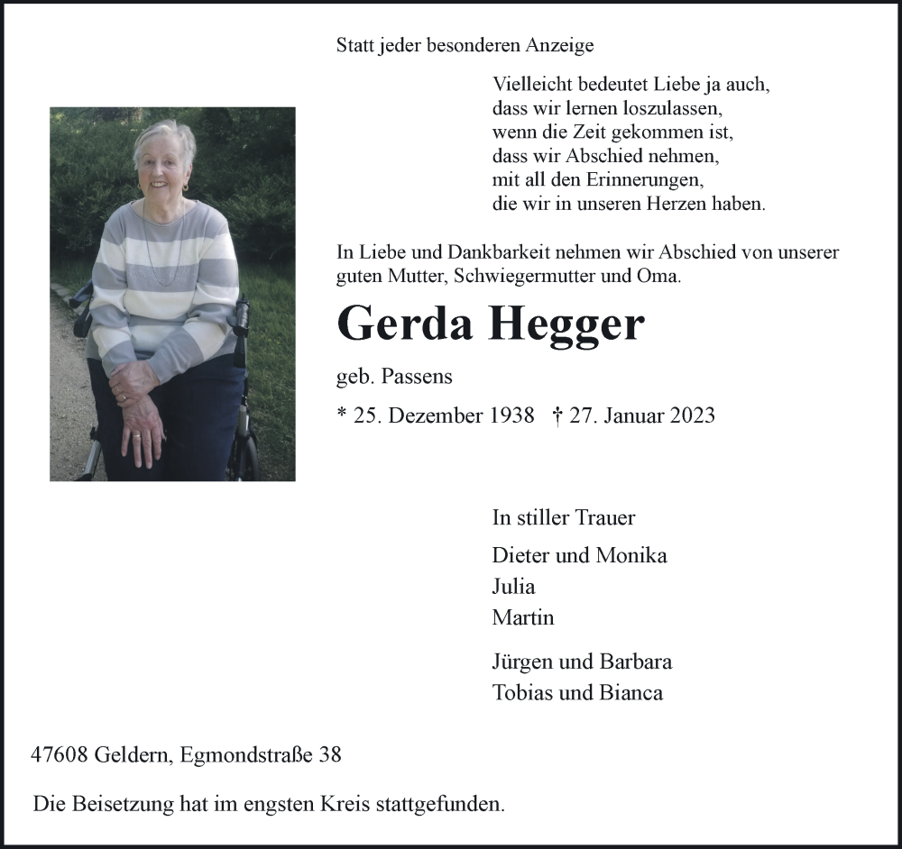  Traueranzeige für Gerda Hegger vom 04.02.2023 aus 
