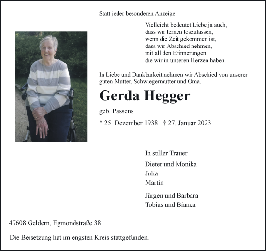 Traueranzeige von Gerda Hegger 