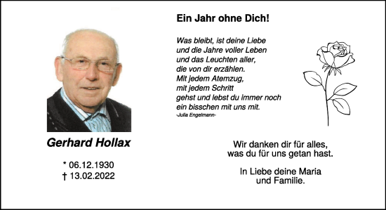 Traueranzeige von Gerhard Hollax 