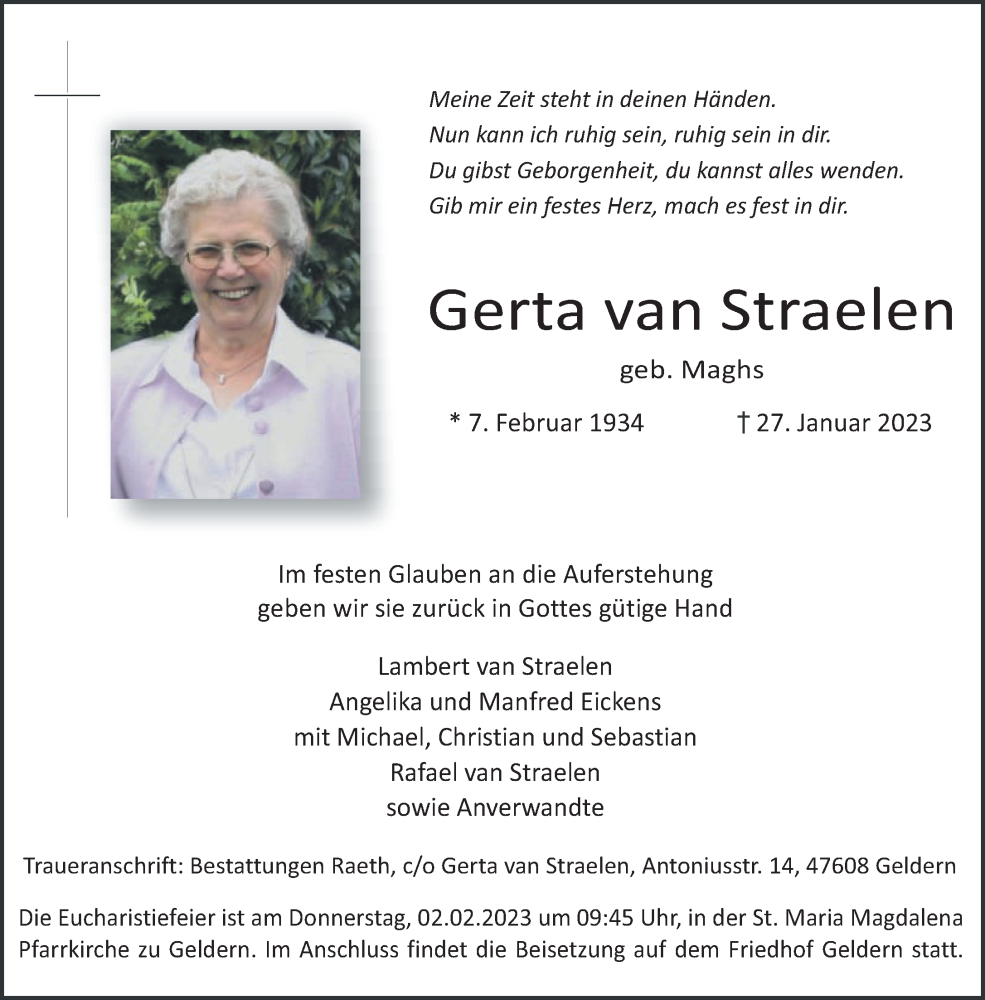  Traueranzeige für Gerta van Straelen vom 01.02.2023 aus 