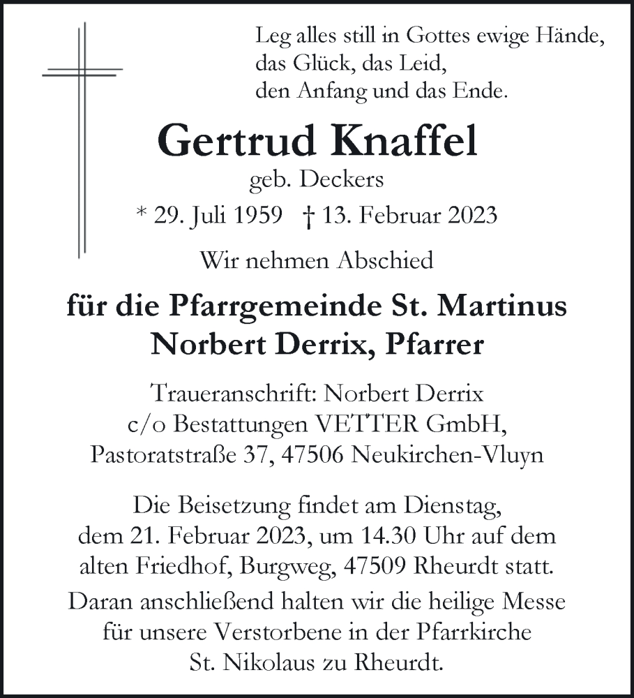  Traueranzeige für Gertrud Knaffel vom 18.02.2023 aus 