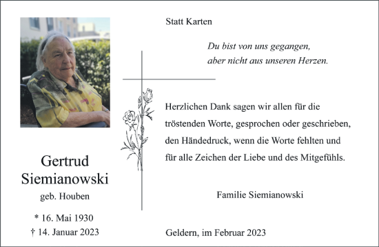 Traueranzeige von Gertrud Siemianowski 