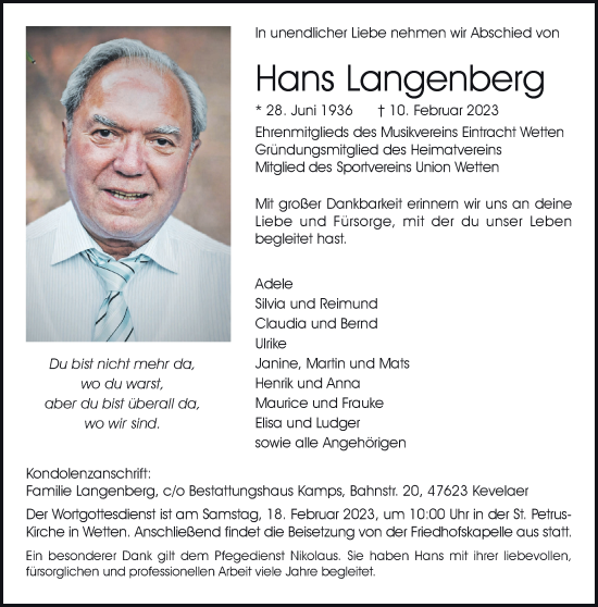 Traueranzeige von Hans Langenberg 