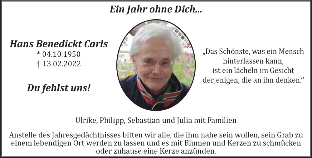  Traueranzeige für Hans Benedickt Carls vom 11.02.2023 aus 