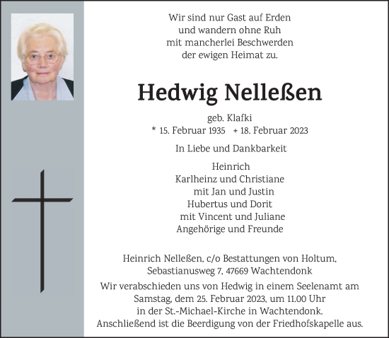 Traueranzeige von Hedwig Nelleßen 