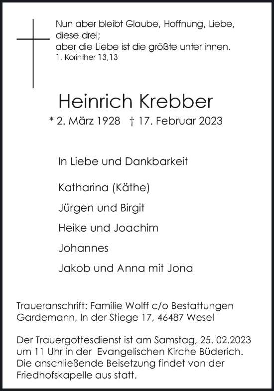 Traueranzeige von Heinrich Krebber 