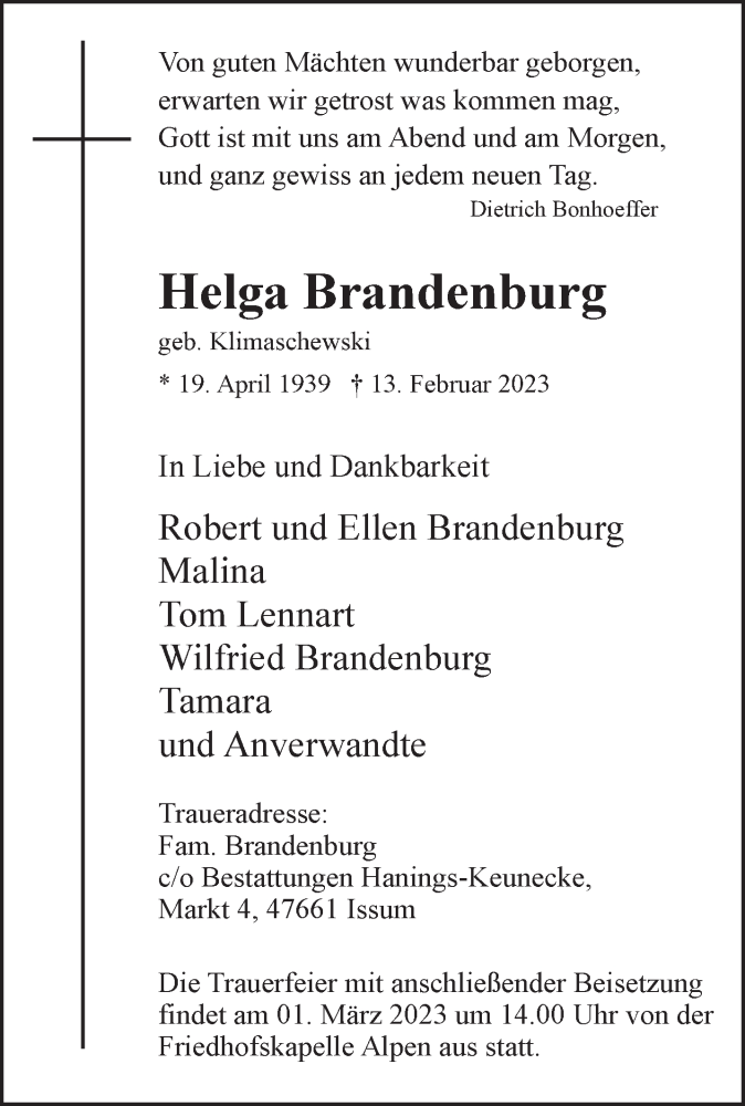  Traueranzeige für Helga Brandenburg vom 25.02.2023 aus 