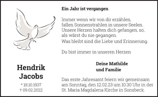 Traueranzeige von Hendrik Jacobs 