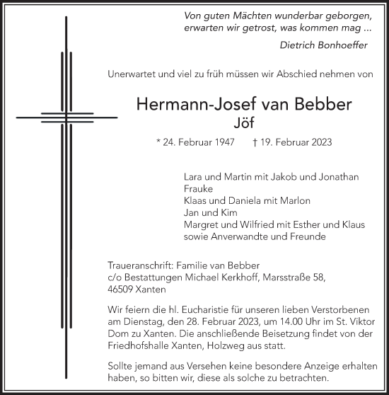 Traueranzeige von Hermann-Josef van Bebber 