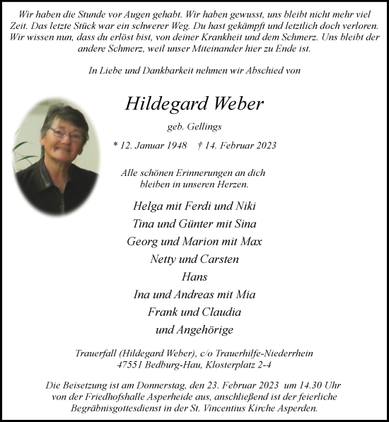 Traueranzeige von Hildegard Weber 