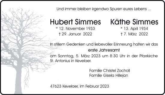 Traueranzeige von Hubert und Käthe Simmes 