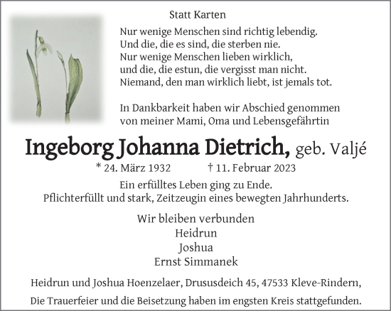 Traueranzeige von Ingeborg Johanna Dietrich 