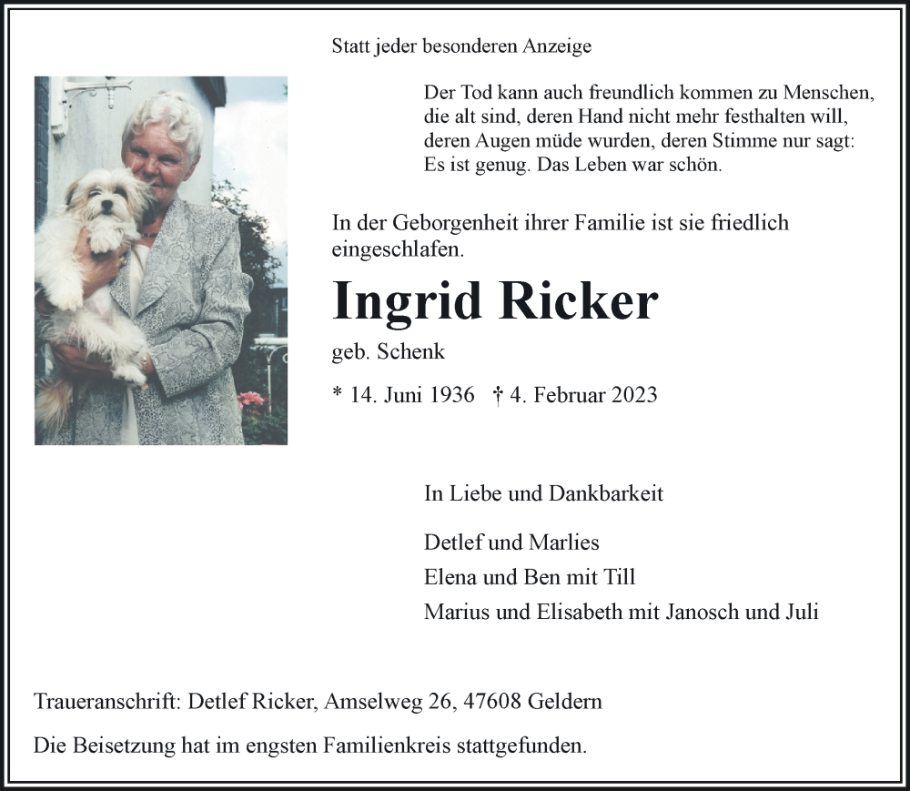  Traueranzeige für Ingrid Ricker vom 11.02.2023 aus 