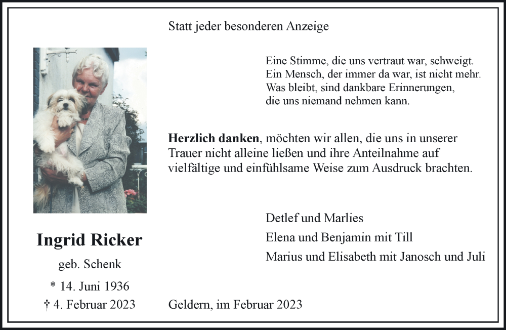  Traueranzeige für Ingrid Ricker vom 25.02.2023 aus 