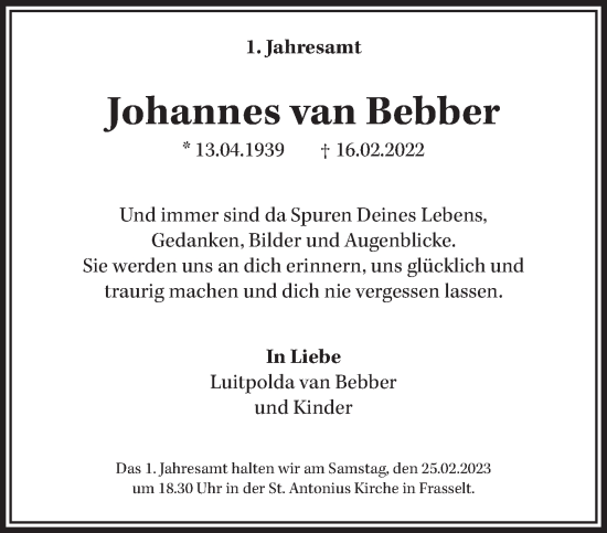 Traueranzeige von Johannes van Bebber 