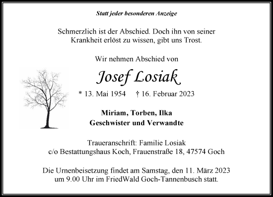 Traueranzeige von Josef Losiak 