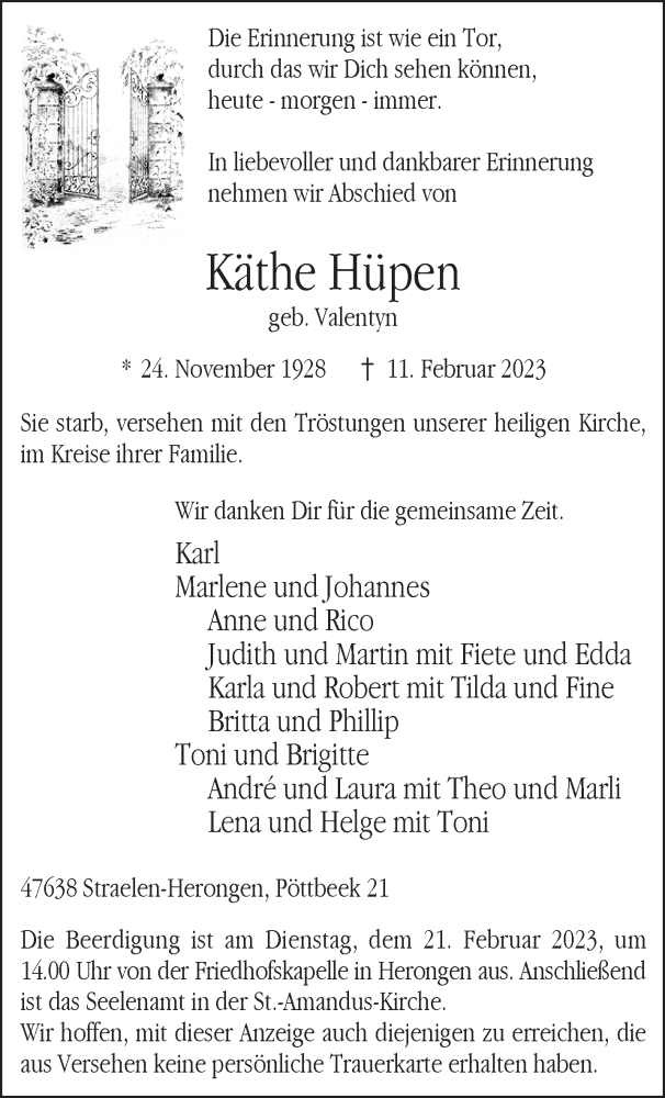  Traueranzeige für Käthe Hüpen vom 18.02.2023 aus 