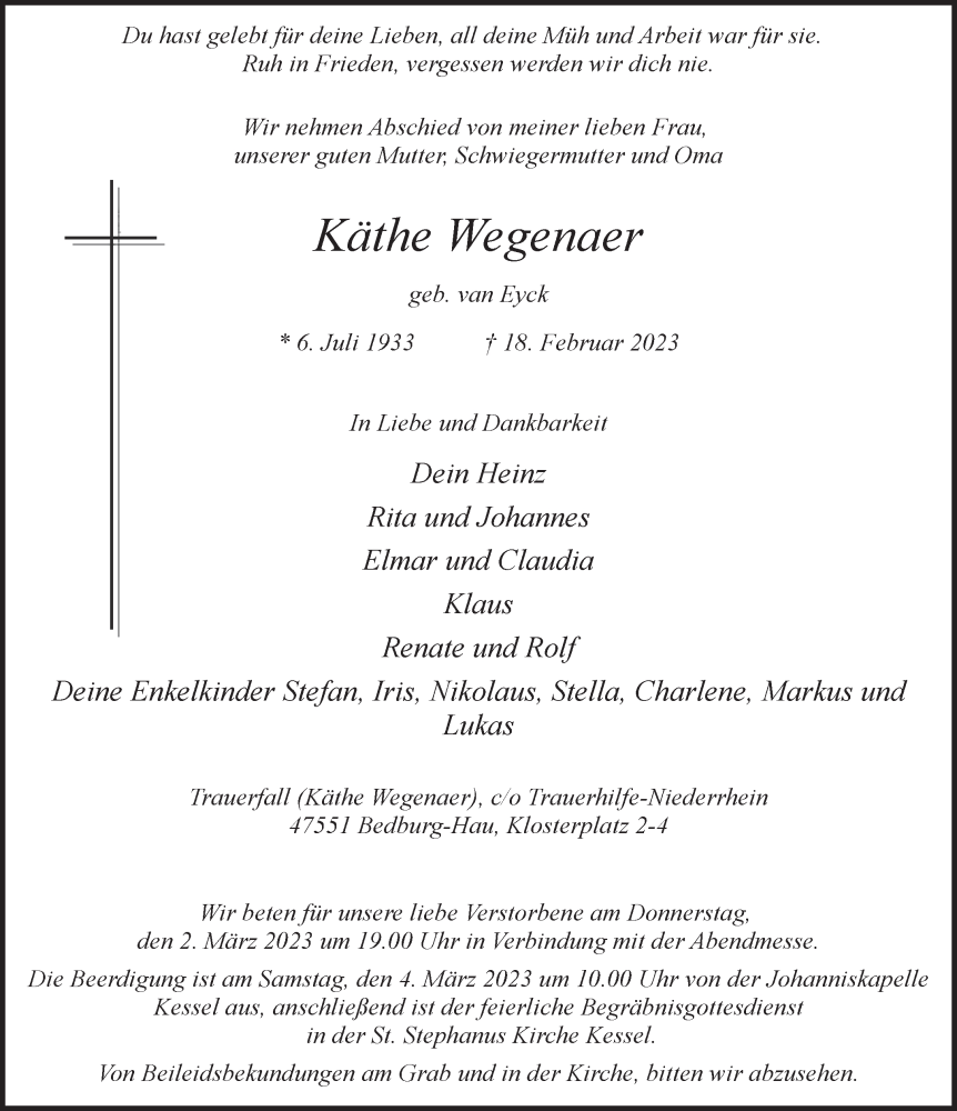  Traueranzeige für Käthe Wegenaer vom 25.02.2023 aus 