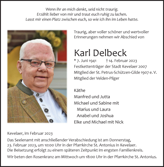 Traueranzeige von Karl Delbeck 