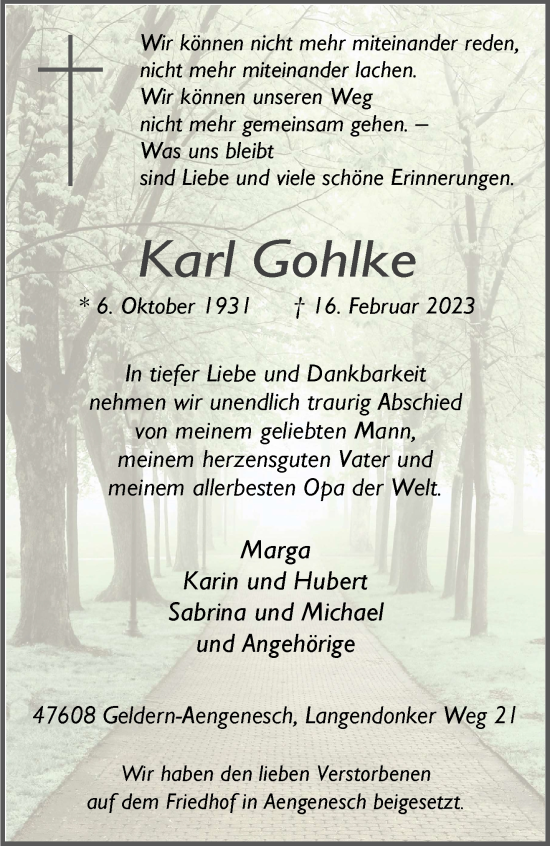 Traueranzeige von Karl Gohlke 