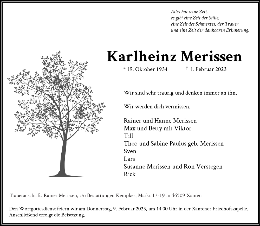  Traueranzeige für Karlheinz Merissen vom 08.02.2023 aus 