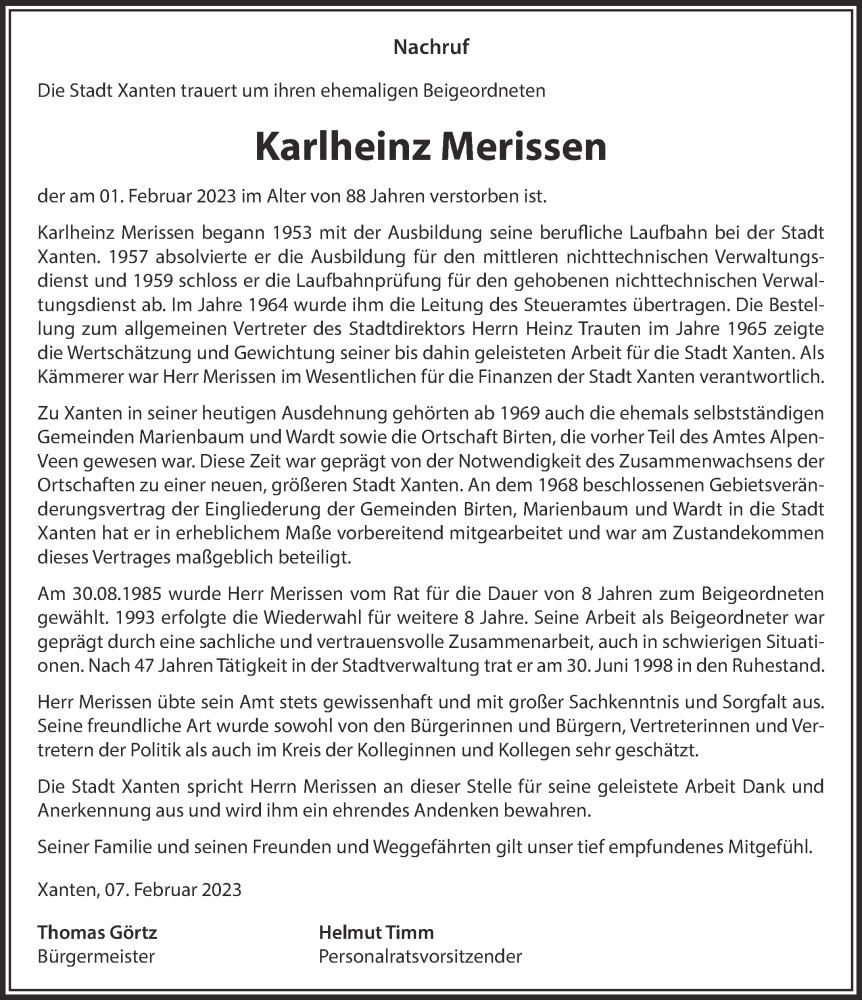  Traueranzeige für Karlheinz Merissen vom 11.02.2023 aus 