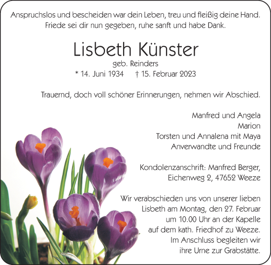 Traueranzeige von Lisbeth Künster 