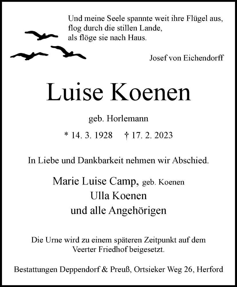  Traueranzeige für Luise Koenen vom 25.02.2023 aus 