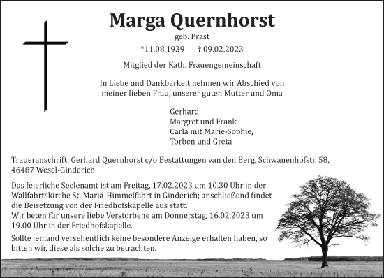 Traueranzeige von Marga Quernhorst 