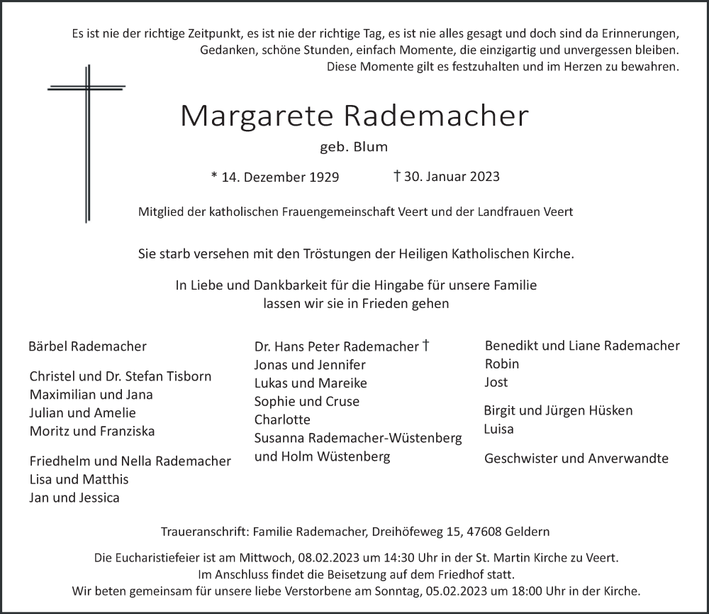  Traueranzeige für Margarete Rademacher vom 04.02.2023 aus 