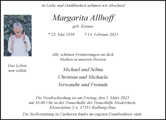 Traueranzeige von Margarita Allhoff 