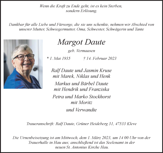 Traueranzeige von Margot Daute 