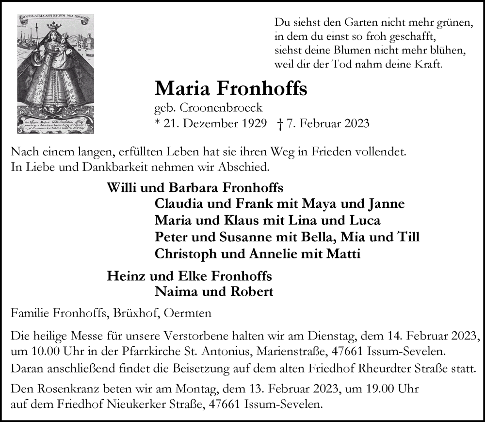  Traueranzeige für Maria Fronhoffs vom 11.02.2023 aus 