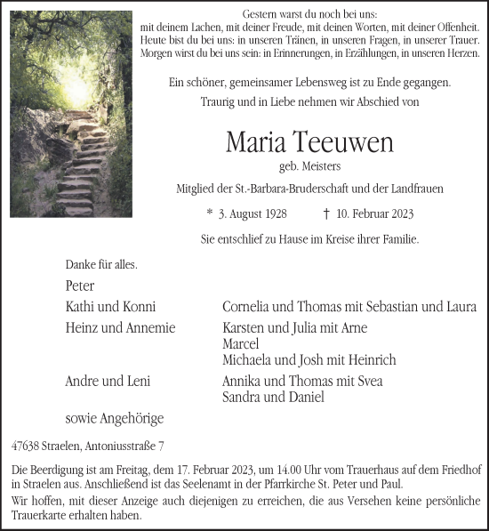 Traueranzeige von Maria Teeuwen 
