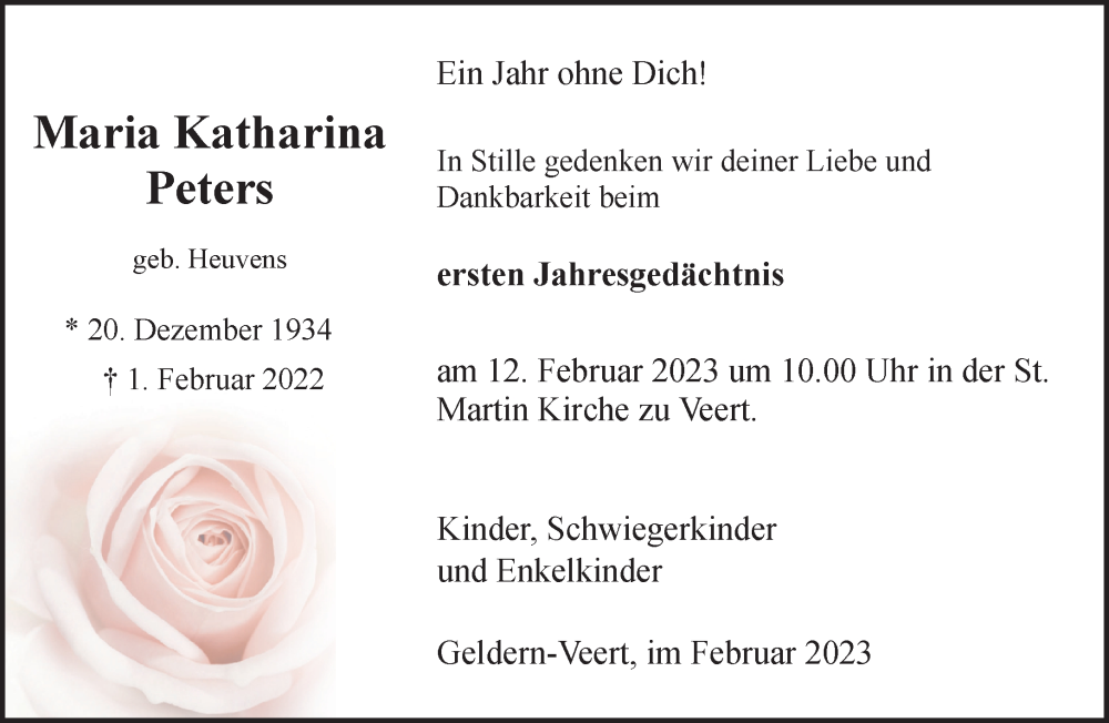  Traueranzeige für Maria Katharina Peters vom 04.02.2023 aus 