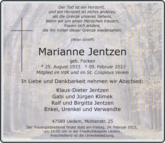 Traueranzeige von Marianne Jentzen 