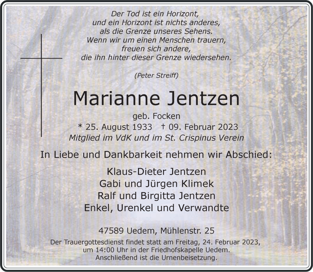  Traueranzeige für Marianne Jentzen vom 18.02.2023 aus 