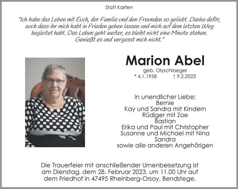  Traueranzeige für Marion Abel vom 22.02.2023 aus 